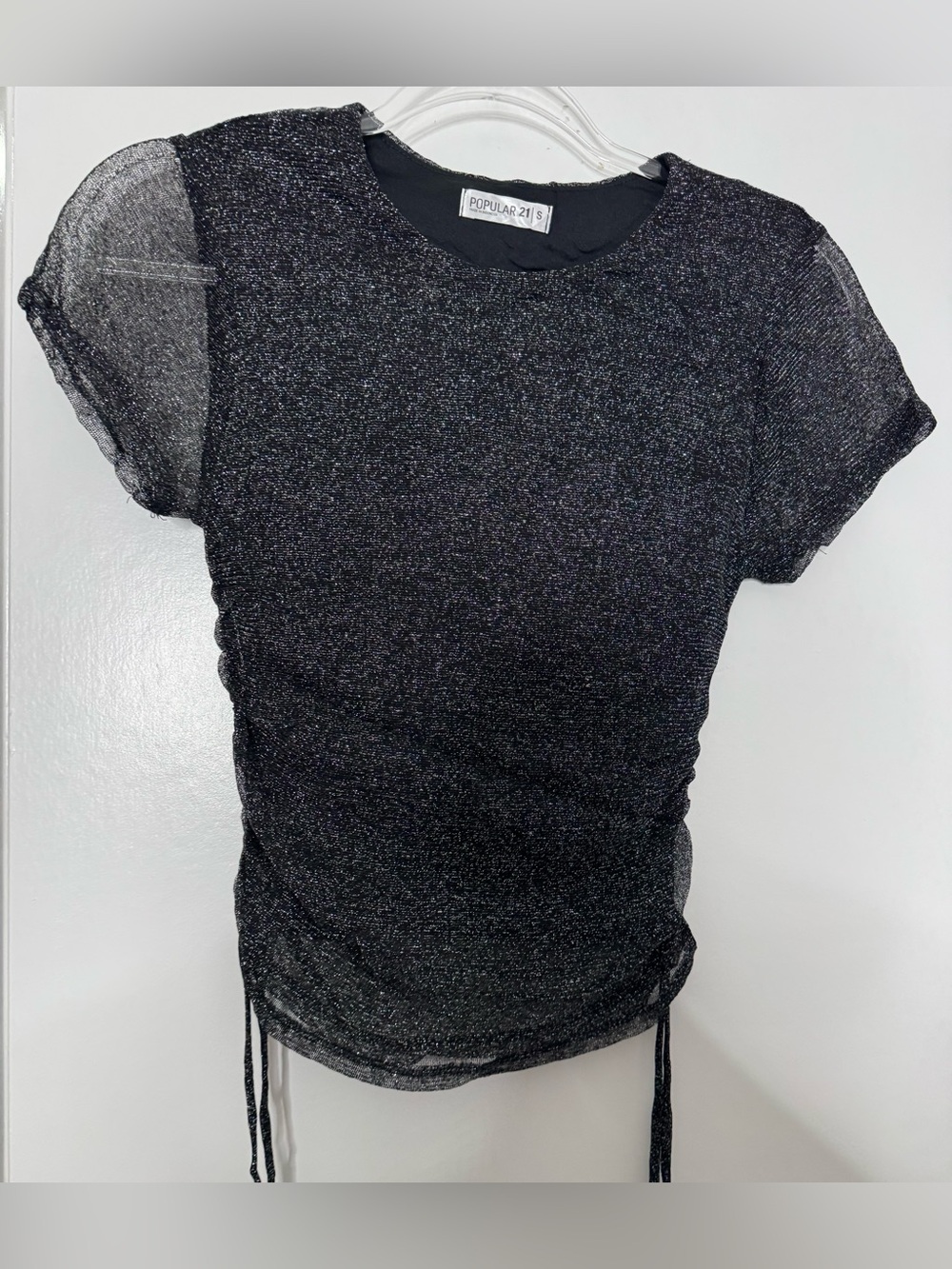 Popular 21 Black Metallic Short Sleeve Ruched Tee with Sheer Sleeves SM cinched